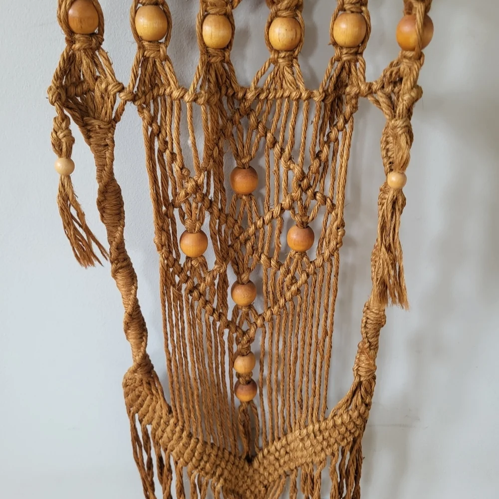 Vintage 70's Handmade Macrame Wall Hanging in Natural Tan With Beading